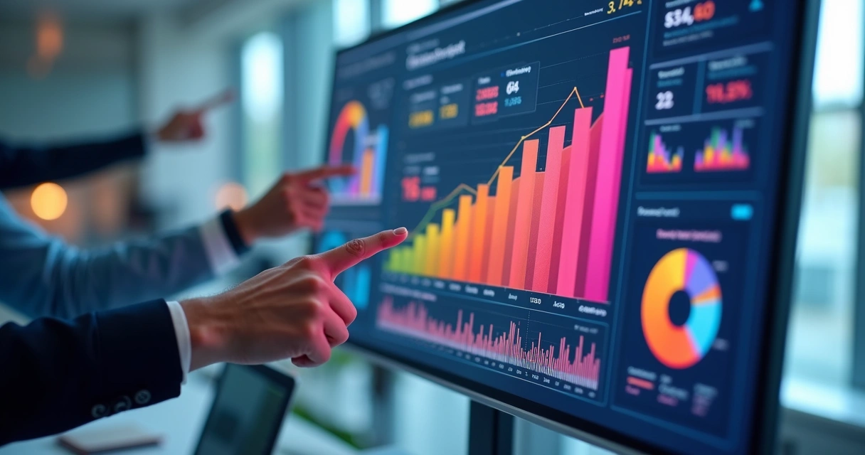 Gráficos coloridos mostrando indicadores de responsabilidade social em tela digital. 