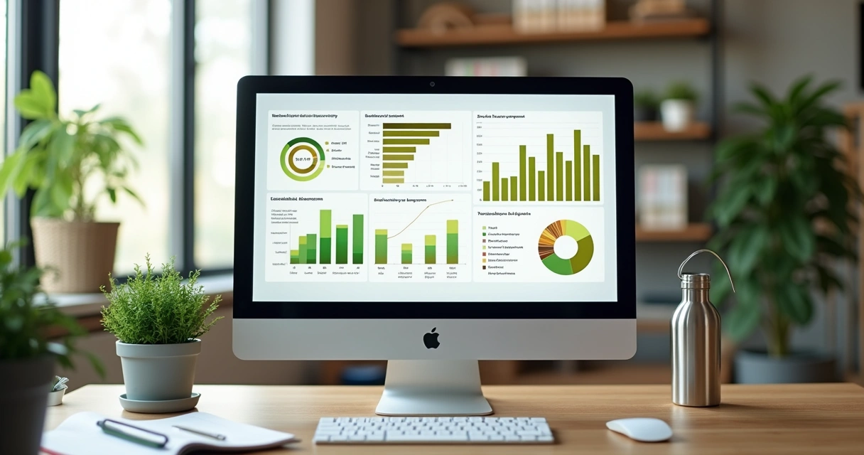Gráficos de impacto sostenible en pantalla con fondo de oficina moderna 