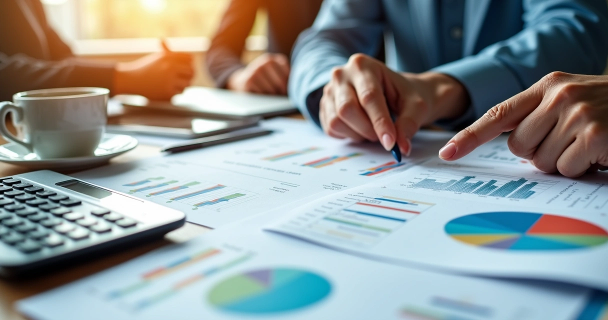 Gráficos financeiros coloridos exibindo indicadores e tendências de empresa 