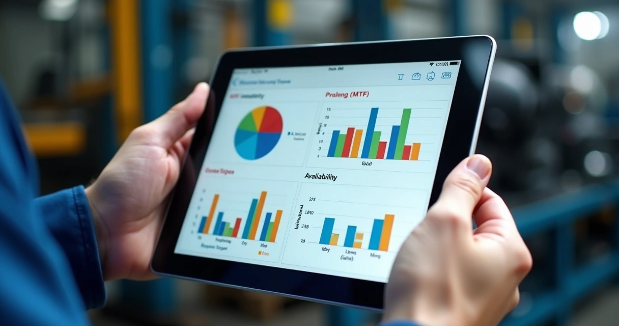 Tela de tablet com gráficos de MTBF e disponibilidade 
