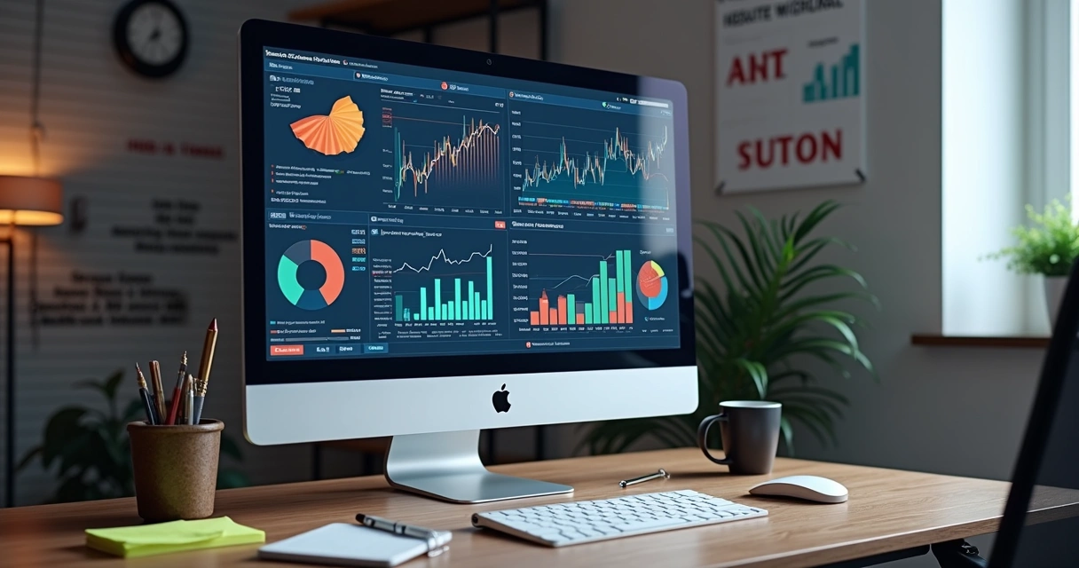 Gráficos de indicadores de negócio em tela de computador 