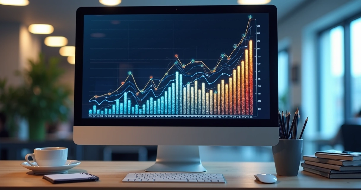 Gráficos coloridos de crescimento de investimentos em IA no Brasil em tela de computador 
