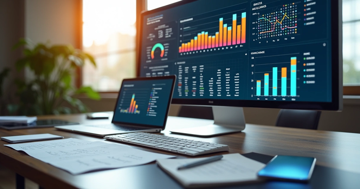Gráficos digitais de KPIs contábeis em tela 