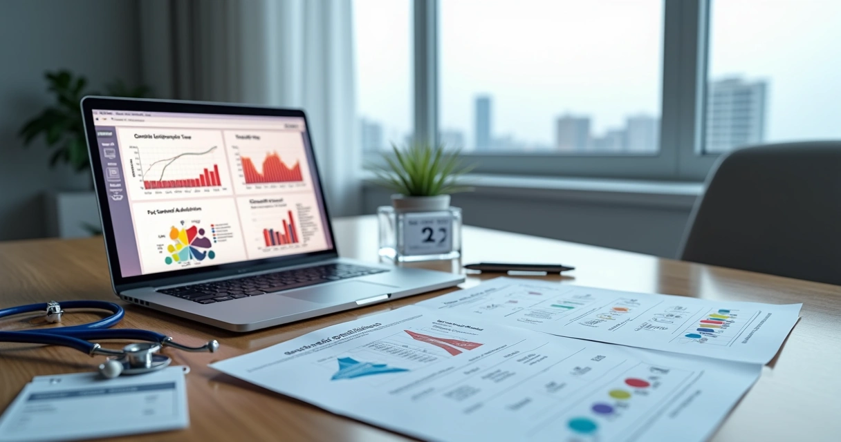 Painel com gráficos e exames representando monitoramento da leucemia linfoide crônica 