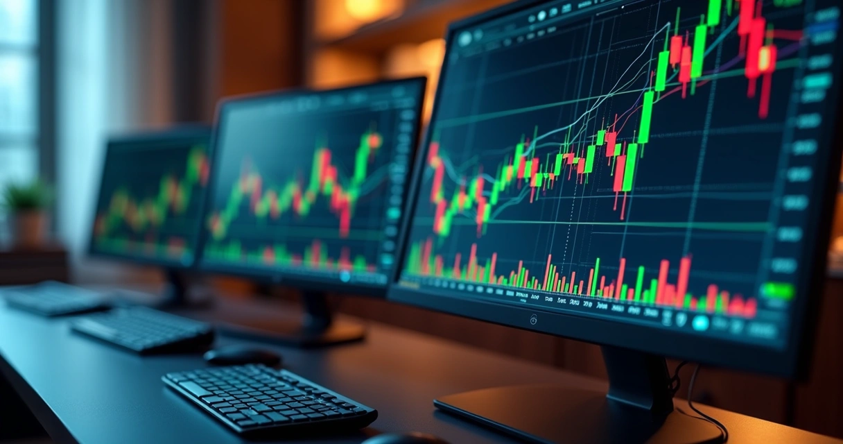 Gráficos financeiros coloridos com linhas ascendentes e descendentes em múltiplas telas de computador 