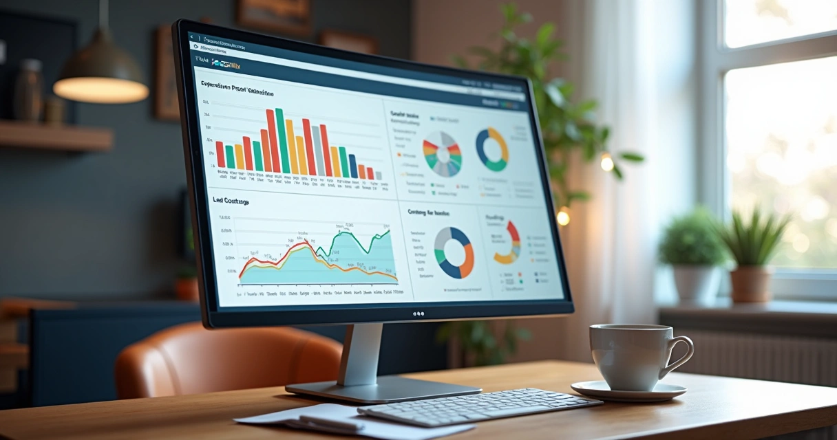 Gráficos mostrando métricas de desempenho de empresa de construção em tela. 