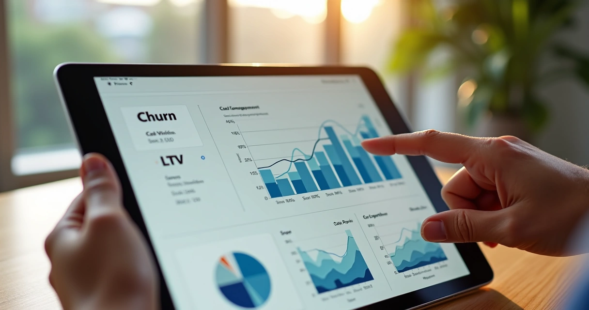 Gráficos simples de churn, CAC e LTV para SaaS