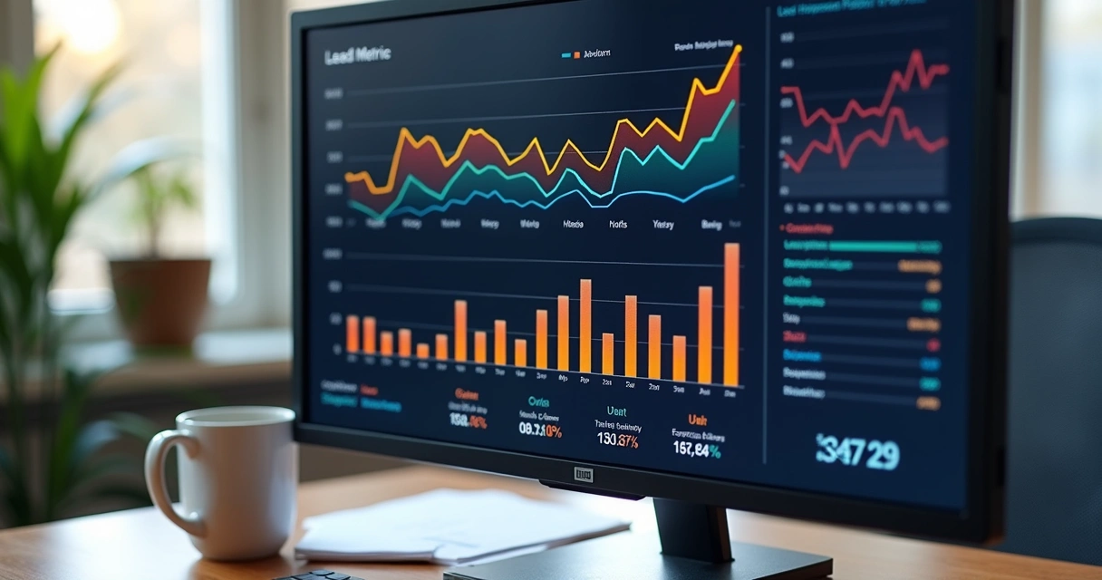 Gráficos coloridos mostrando métricas de leads no painel 