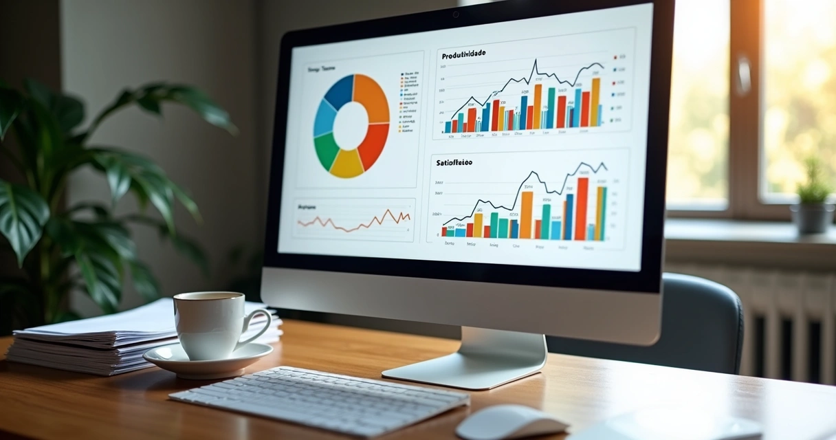 Painel de gráficos de desempenho indicando evolução de métricas em escritório jurídico