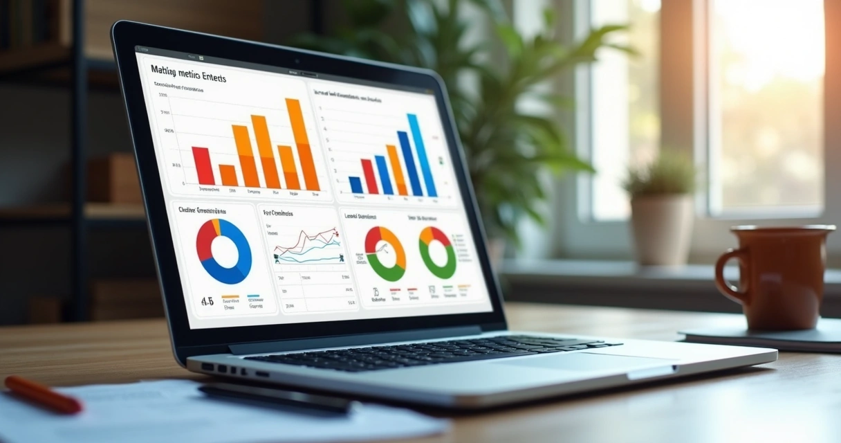 Gráficos coloridos de métricas de ROI exibidos em laptop 