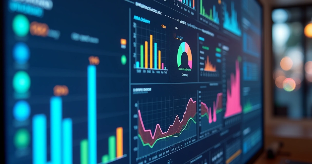 Gráficos coloridos de NPS, CSAT e CES em painel digital, ilustrando avaliação de experiência do cliente. 