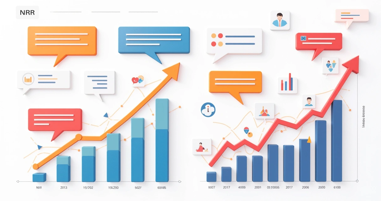 Gráficos coloridos mostrando crescimento de NRR em SaaS com depoimentos de clientes ao lado 