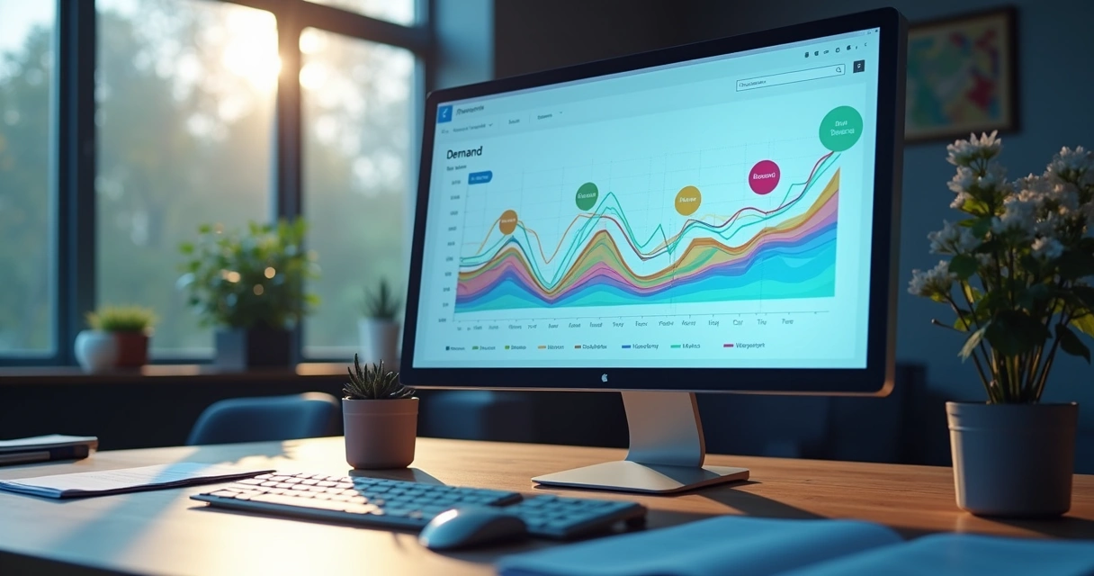 Gráficos de linhas sobre demanda ao longo do ano em monitor com círculos mostrando sazonalidade.