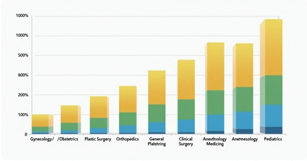 Gráfico de barras mostrando número de processos contra especialidades médicas no Brasil 2020-2025 