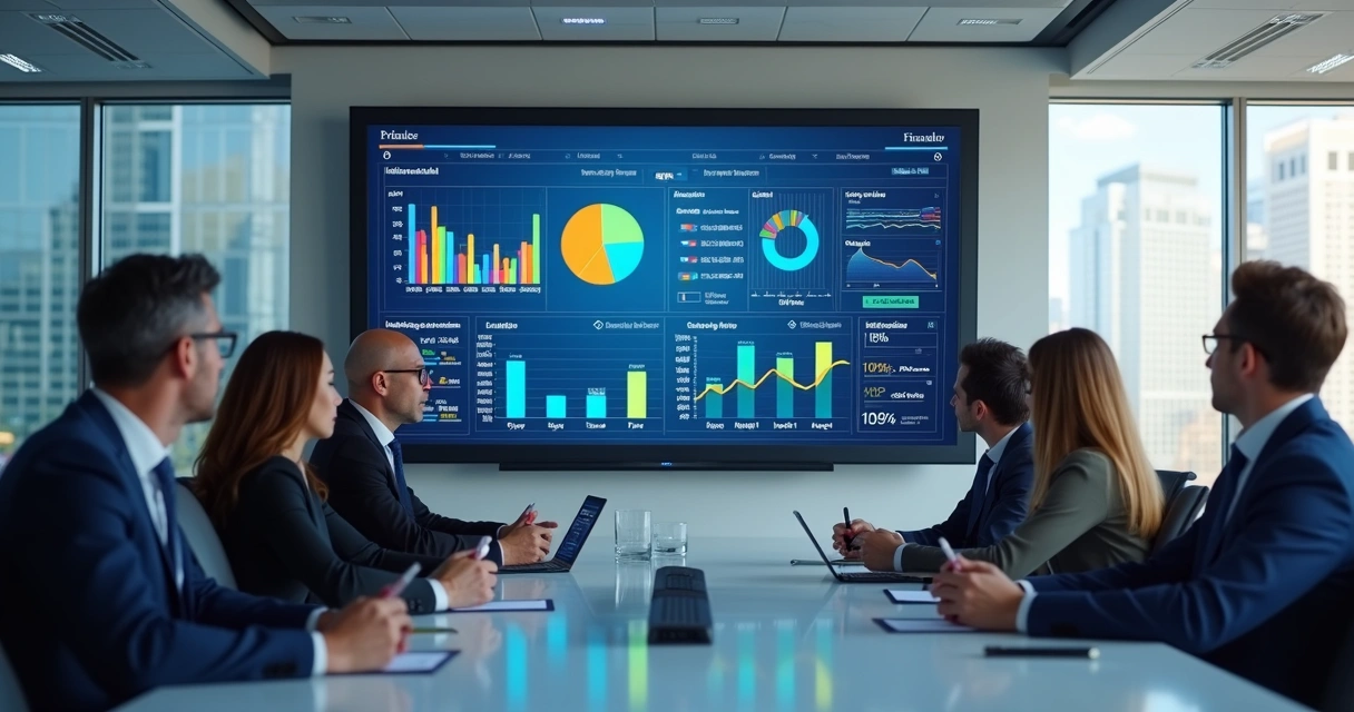 Dashboards coloridos com gráficos financeiros em tela grande durante apresentação. 