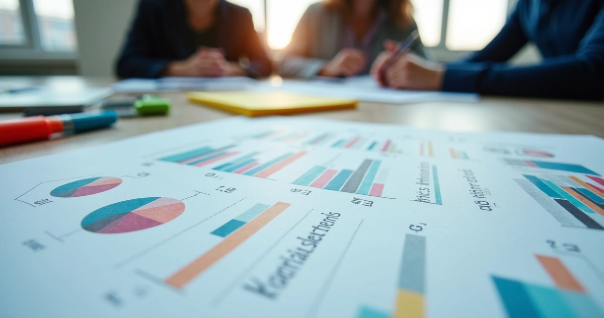 Relatório com gráficos coloridos e depoimentos ao lado em apresentação de resultados