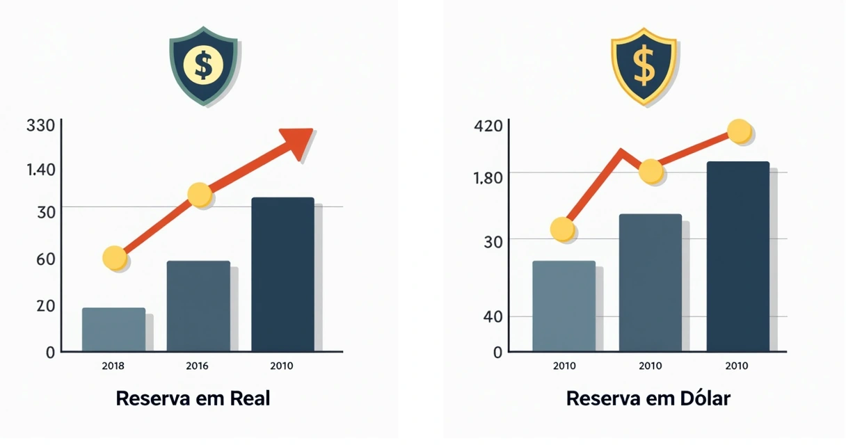 Gráficos de barras comparando reserva em real e dólar 