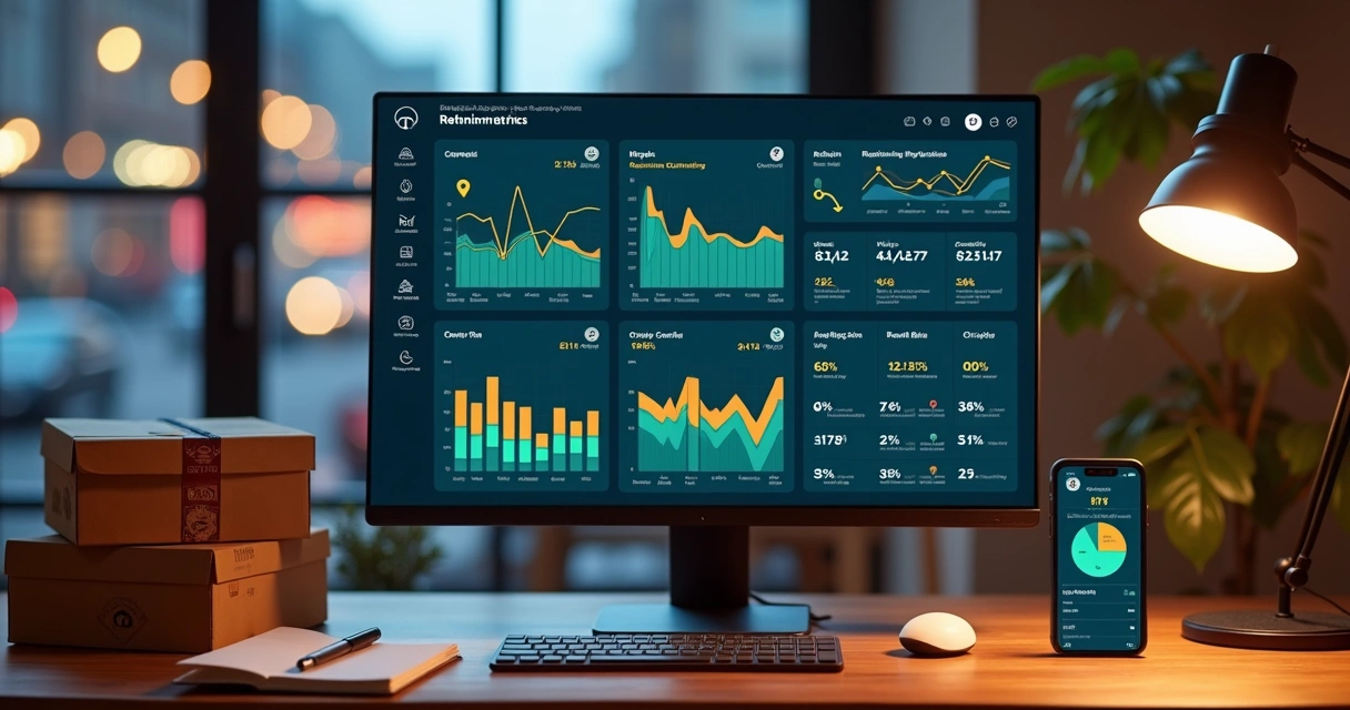 Gestor de delivery analisando gráficos de retenção em tela com ícones de pedidos 