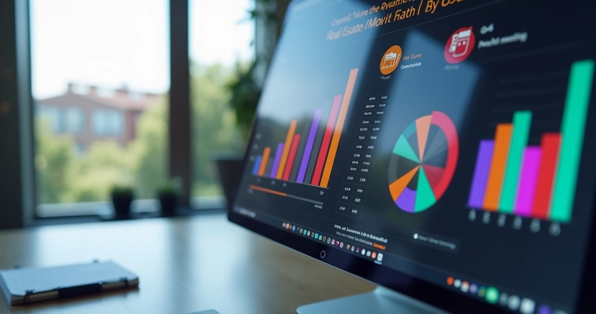 Tela de computador exibindo gráficos coloridos de análise digital para imobiliárias 