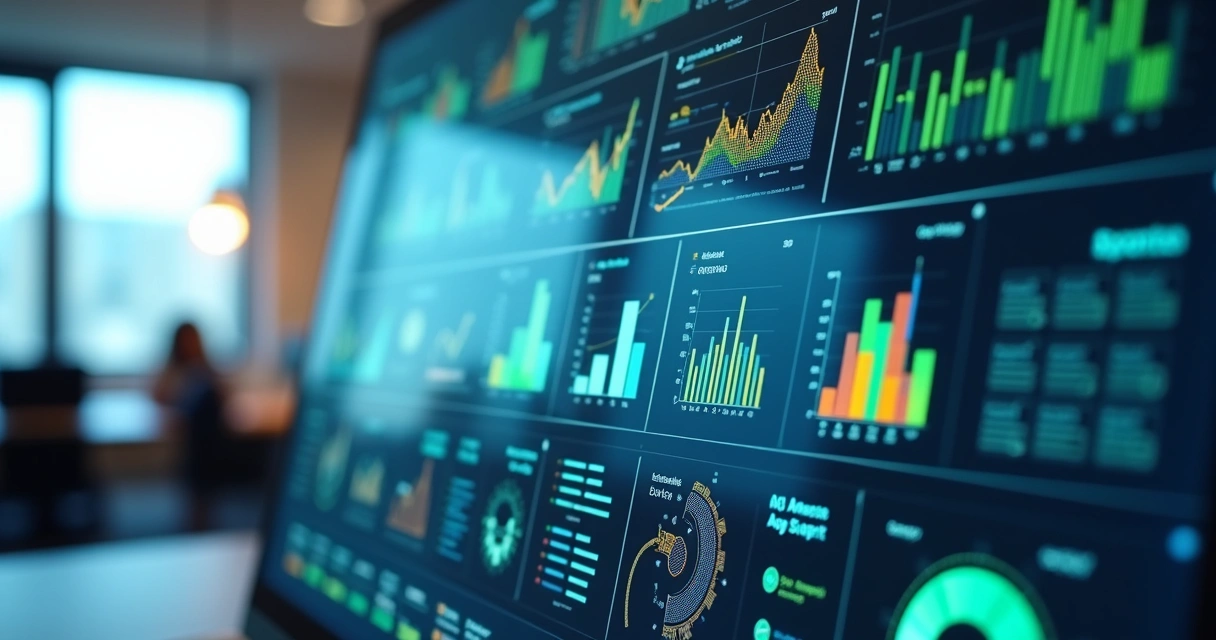 Tela com gráficos coloridos mostrando vantagens da IA em diferentes áreas da empresa 