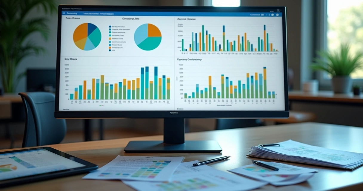 Painel com gráficos de barras, linhas, dispersão e pizza lado a lado em tela de computador 