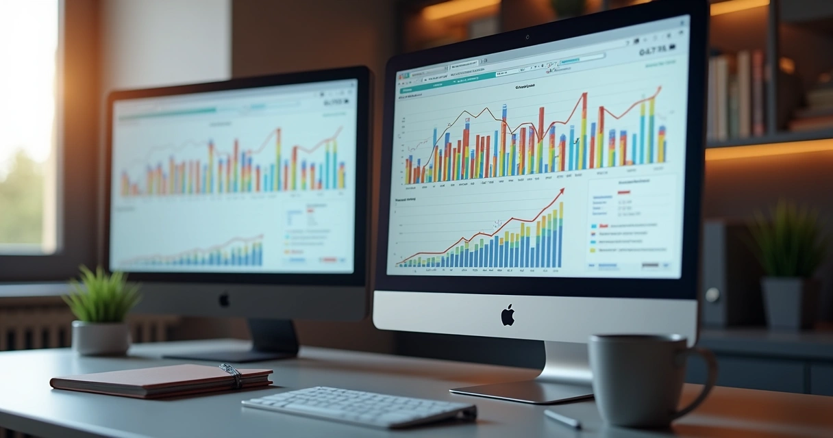 Gráficos coloridos mostrando crescimento de visualizações de página ao longo do tempo
