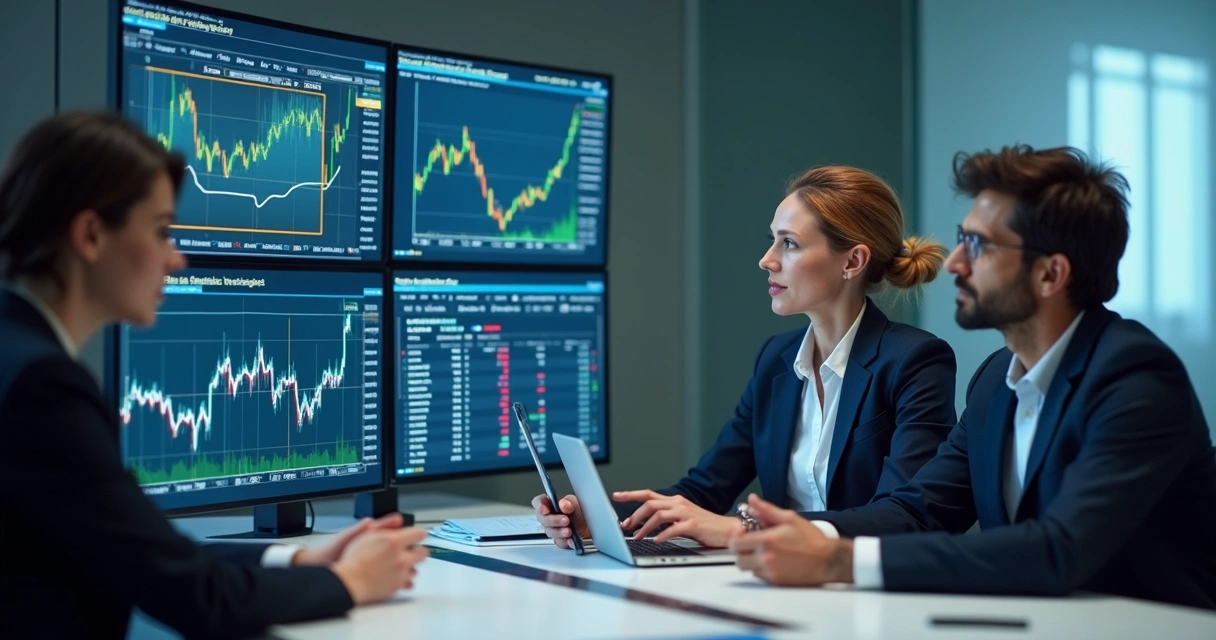 Risk management team monitoring live grain market exposures with digital dashboards