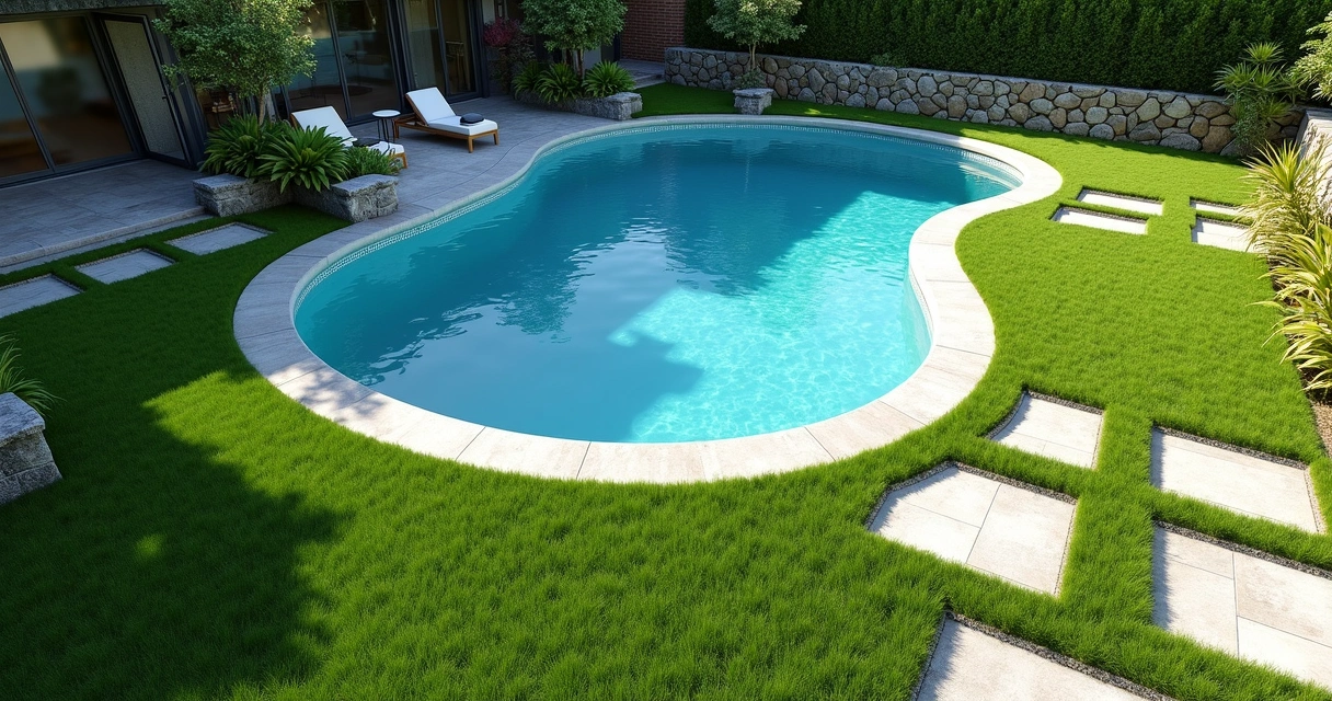 Grama sintética instalada em jardim com piscina e pedras decorativas. 