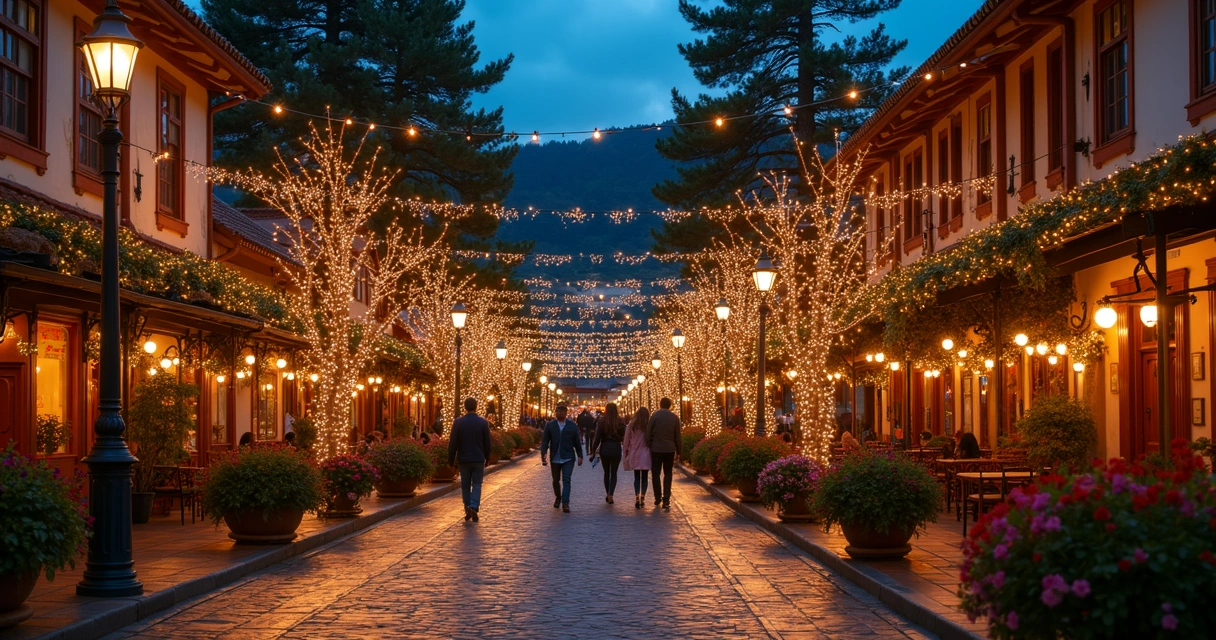 Rua iluminada em Gramado no Natal e Réveillon, casais caminhando entre enfeites 