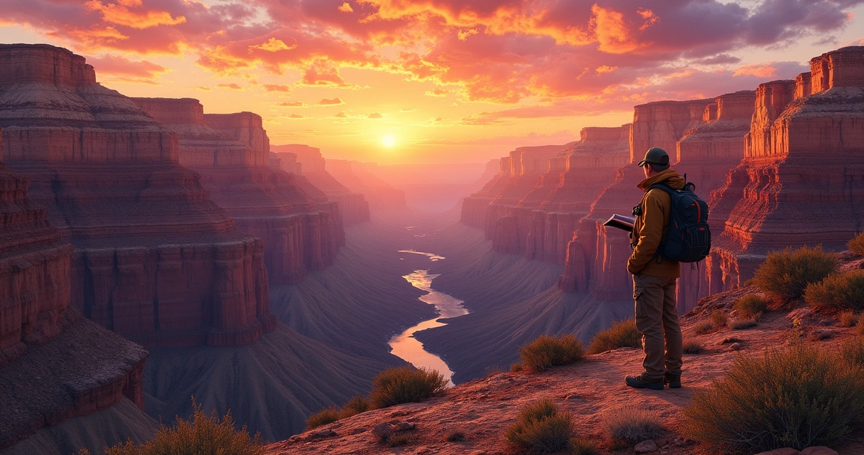 Vista do Grand Canyon ao pôr do sol, com camadas de rochas e um cientista observando. Floração é visível.