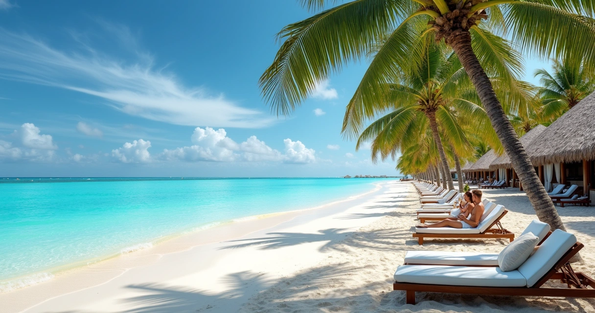 Praia privativa de resort com espreguiçadeiras e mar cristalino 