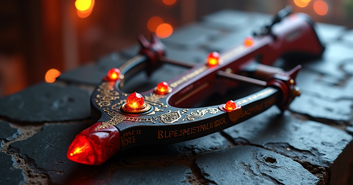 Detalhe da Grand Sanguine Crossbow com fundo escuro e brilho vermelho 