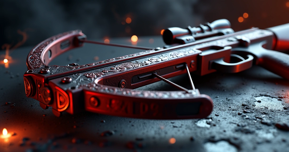 Arco cruzado Grand Sanguine Crossbow detalhado com acabamento metálico vermelho e negro, sobre fundo escuro com brilho sutil, exibindo três slots de imbuimento vazios e detalhes ornamentais complexos 