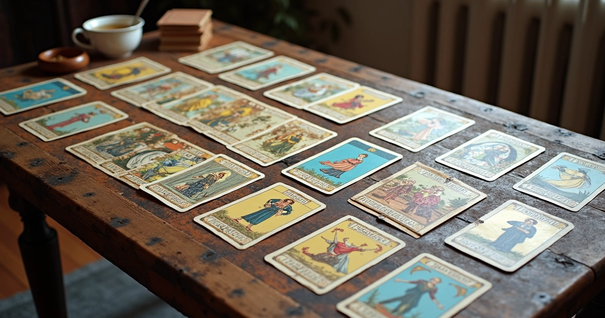 Grand Tableau spread of Lenormand cards on table 