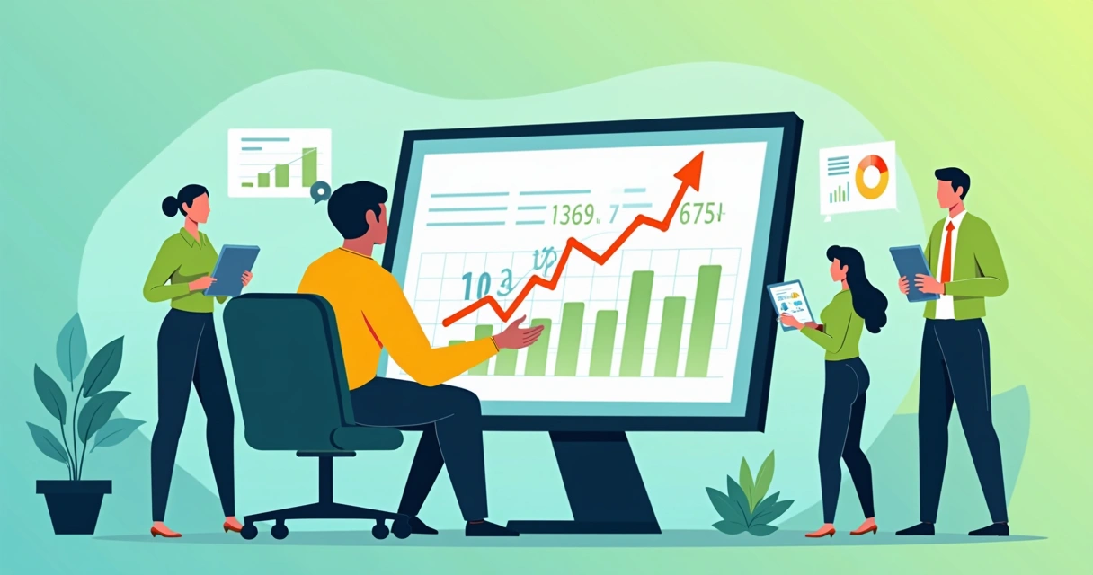 Ilustração de empreendedor no computador, vendas disparando e equipe acompanhando 