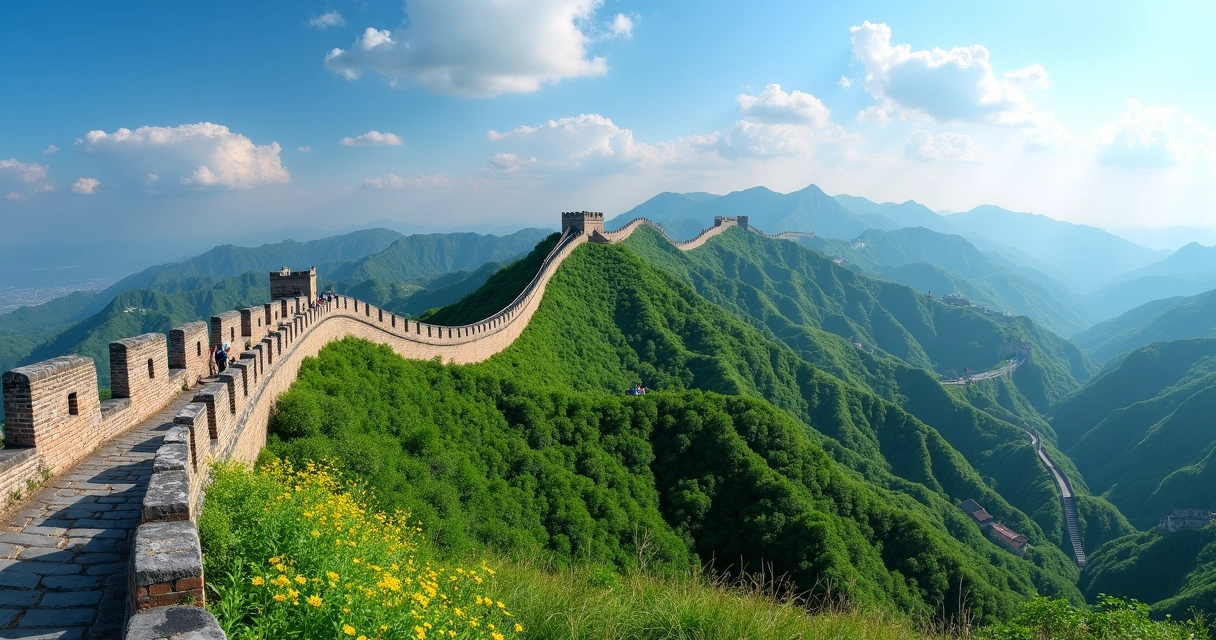 A Grande Muralha da China serpenteando por colinas verdes 