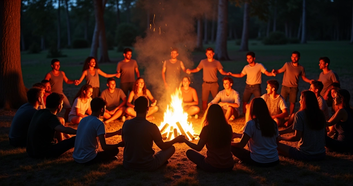 Grupo de pessoas reunido ao redor de uma fogueira à noite 