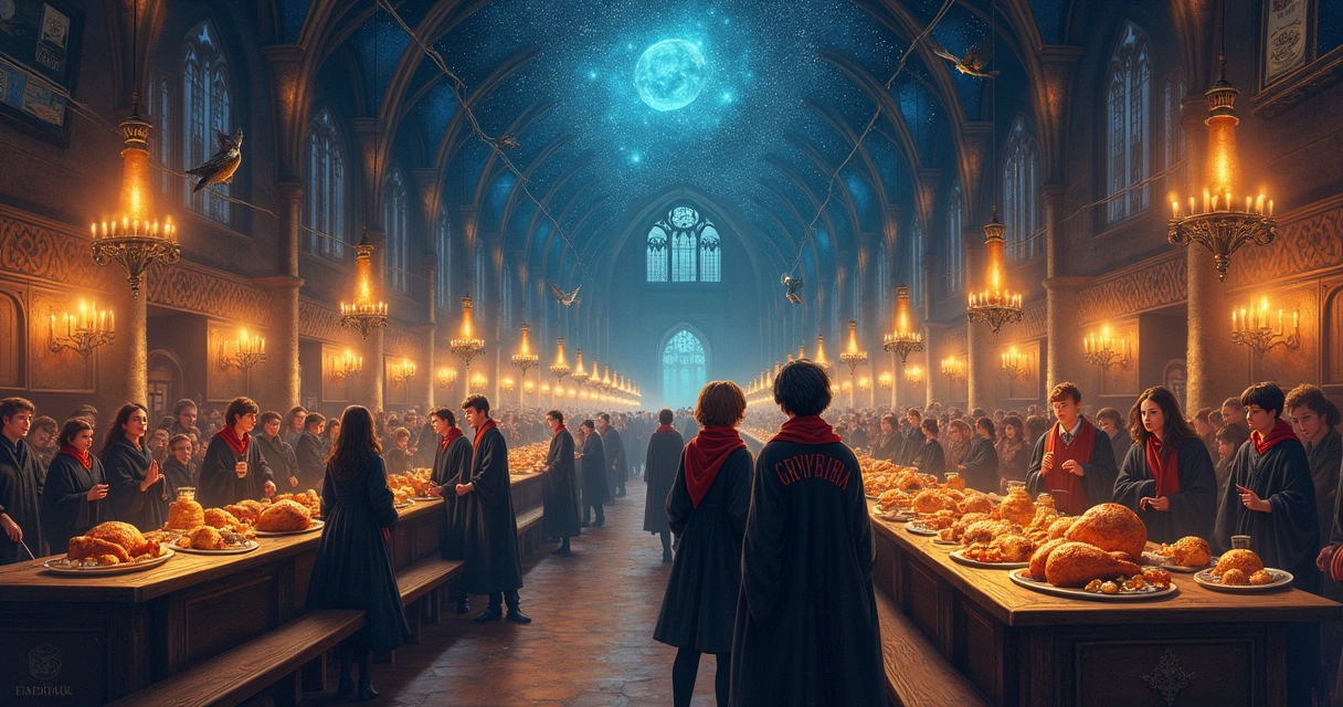 Grande salão de Hogwarts com estudantes em trajes de bruxos, velas flutuantes e pratos mágicos de comida.