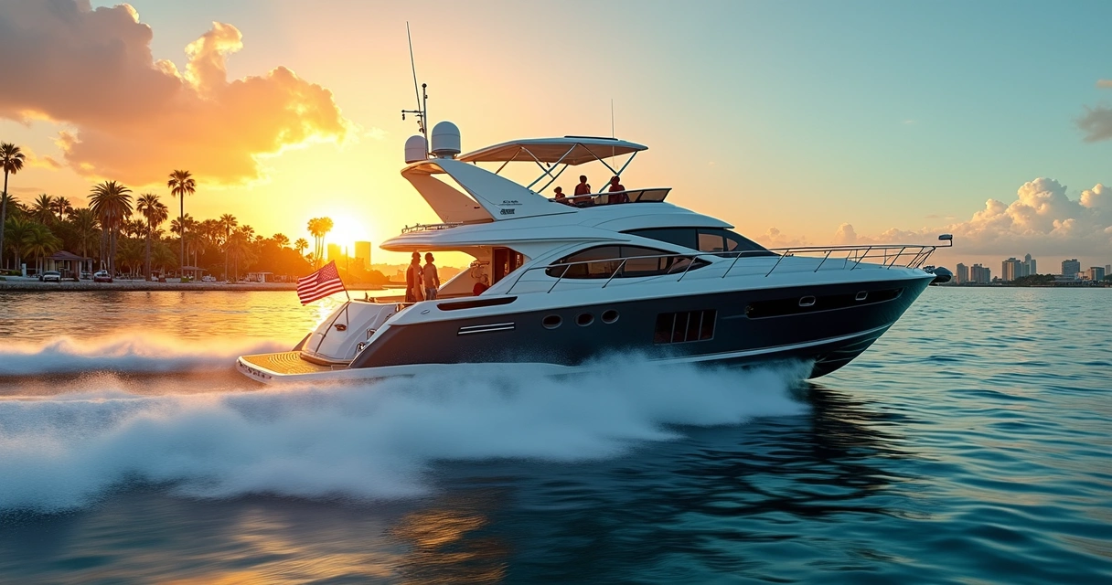 Granfort 300 GTX cruising near Melbourne FL showroom with sunset and city skyline in the background. 