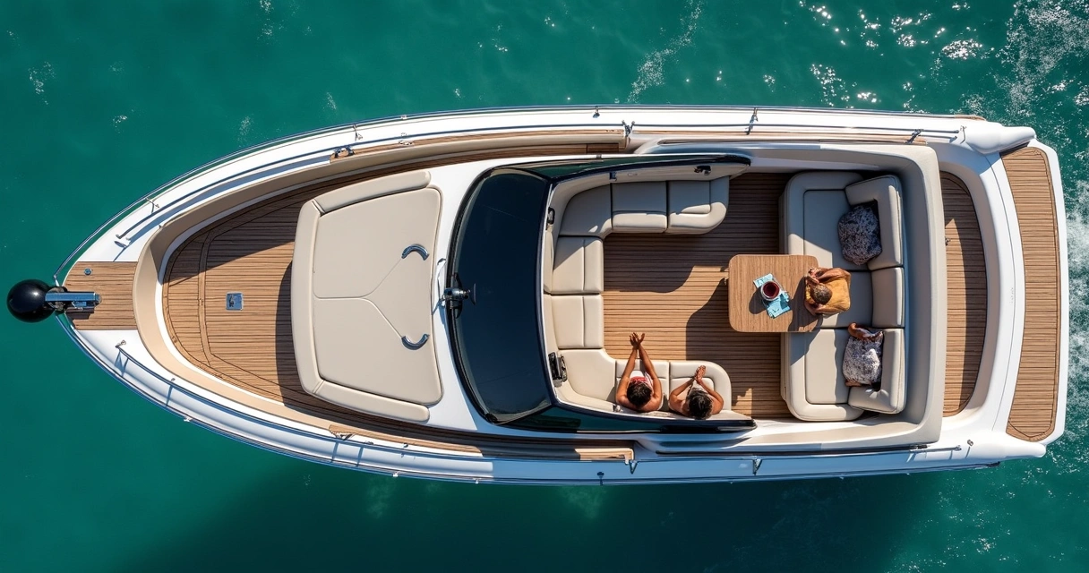 Luxury cockpit of the Granfort 300 GTX with Italian design touches and spacious seating, viewed from overhead. 