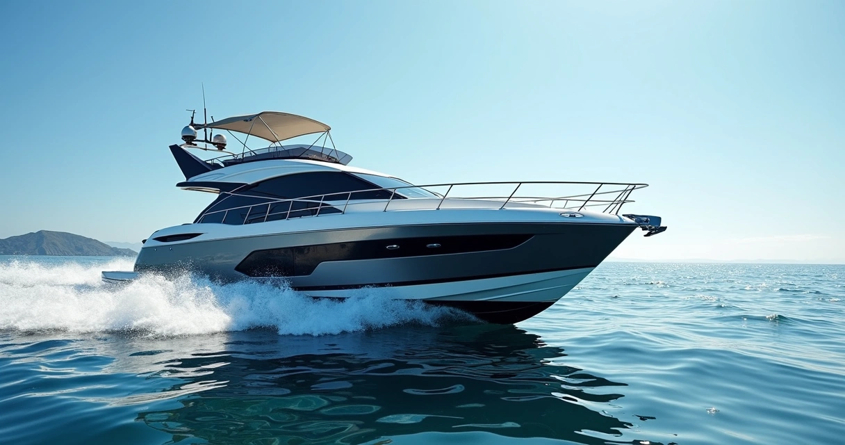 Granfort 300 GTX luxury motorboat cruising on sparkling blue water under clear sky 
