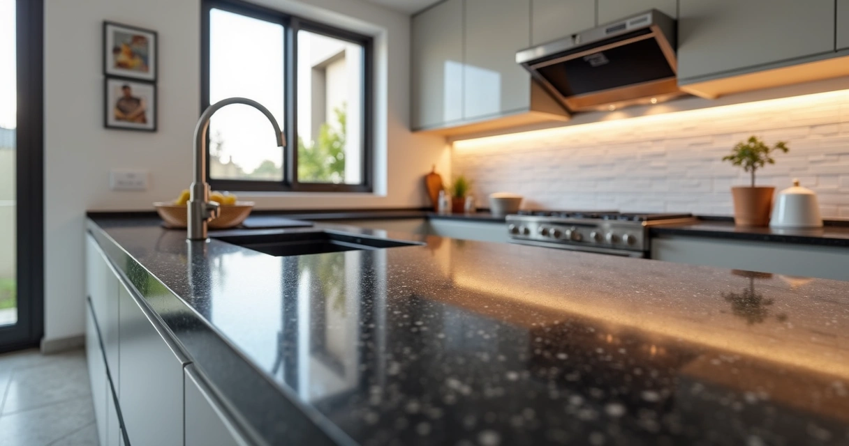 Granito preto em bancada de cozinha com decoração moderna e luminosa 