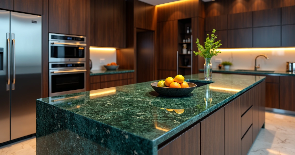 Detalhe de bancada de granito verde Ubatuba em cozinha moderna 