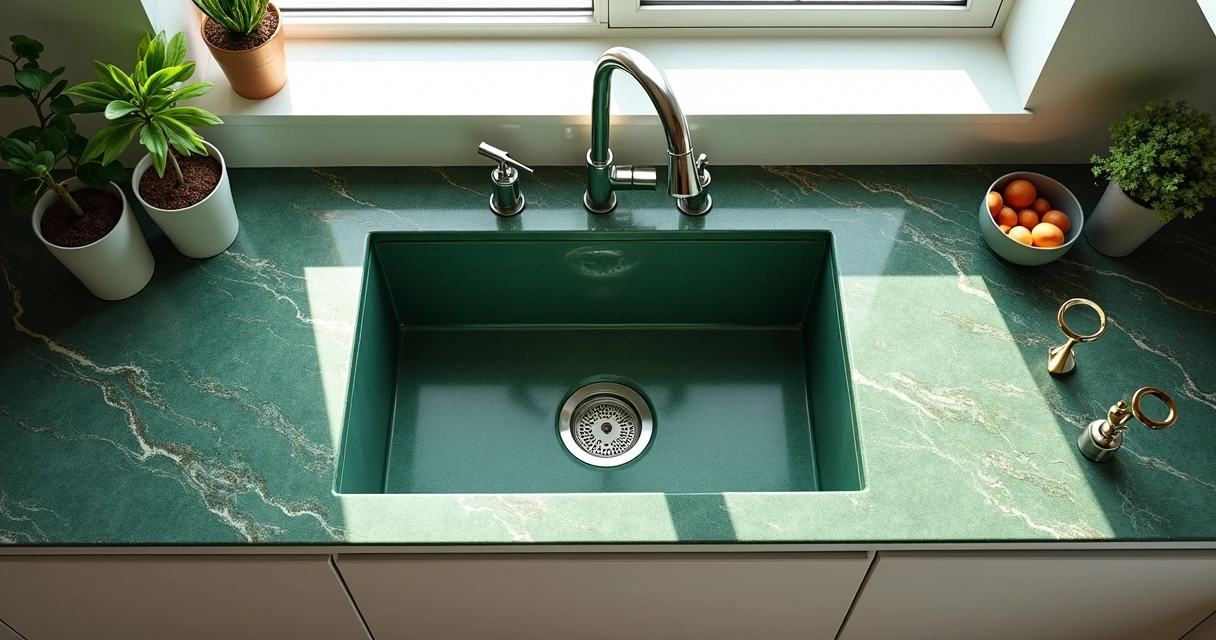 Granito verde ubatuba em pia de cozinha com armários brancos 