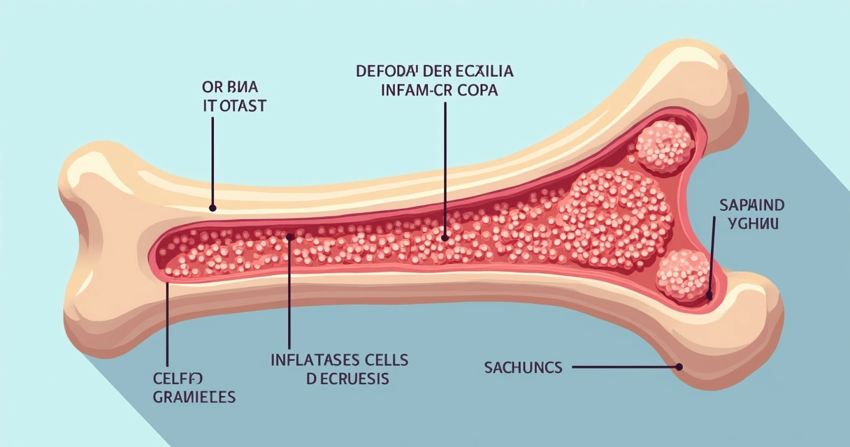 Aspectos clínicos e tratamento da osterite xantogranulomatosa 1 Granuloma ósseo visto em corte histológico com células espumosas e inflamação.