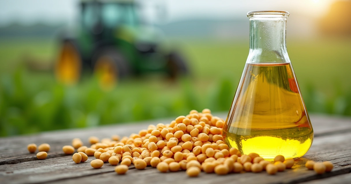 Biodiesel - Grãos de soja ao lado de um frasco com líquido amarelo 