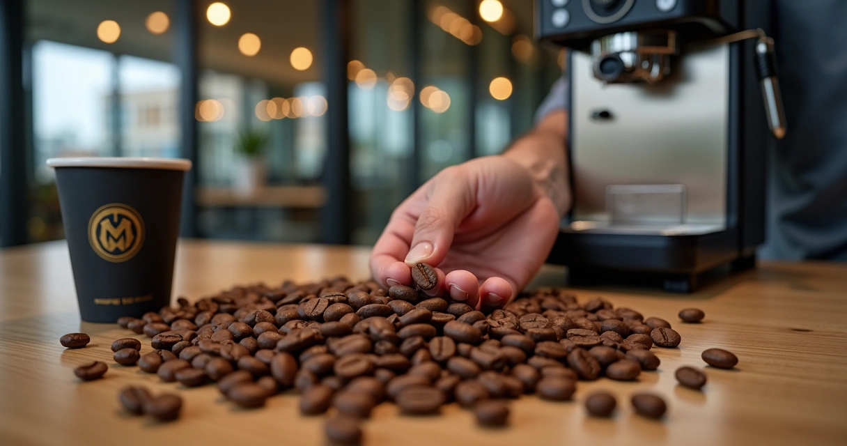 Grãos de café arábica frescos em escritório moderno 