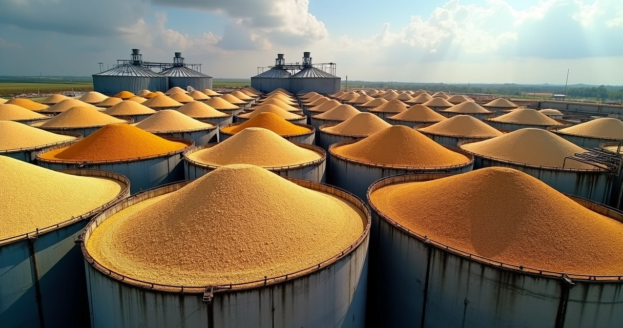 Vista superior de silos cheios de grãos armazenamento industrial 