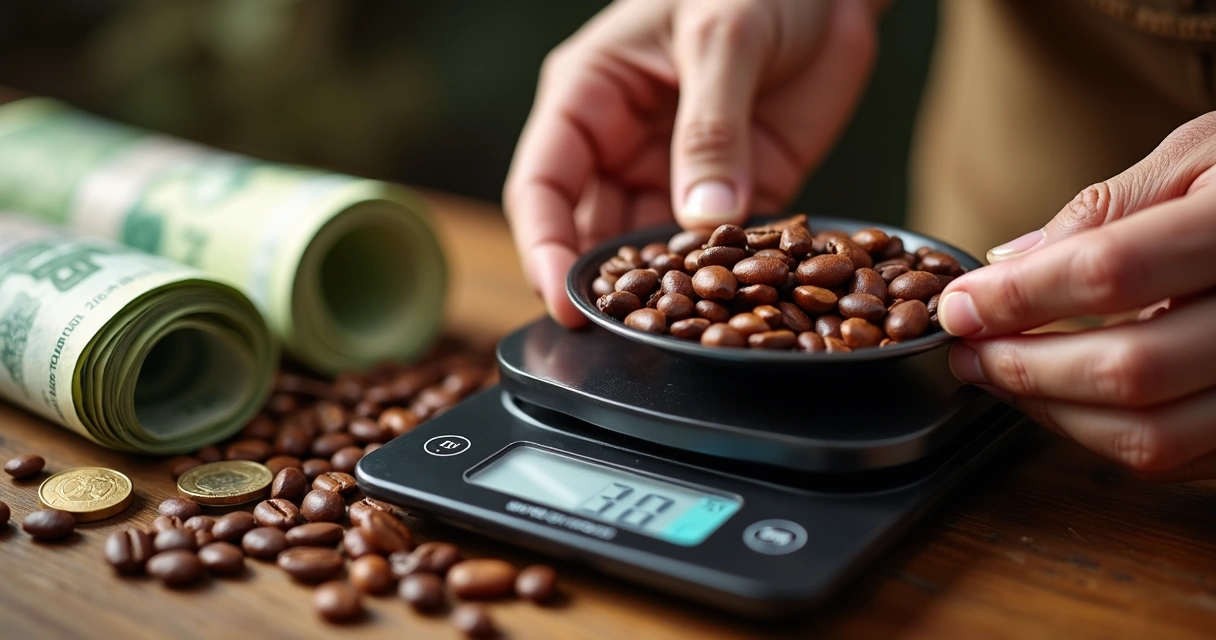 Grãos de cacau em balança digital ao lado de cédulas de dinheiro 