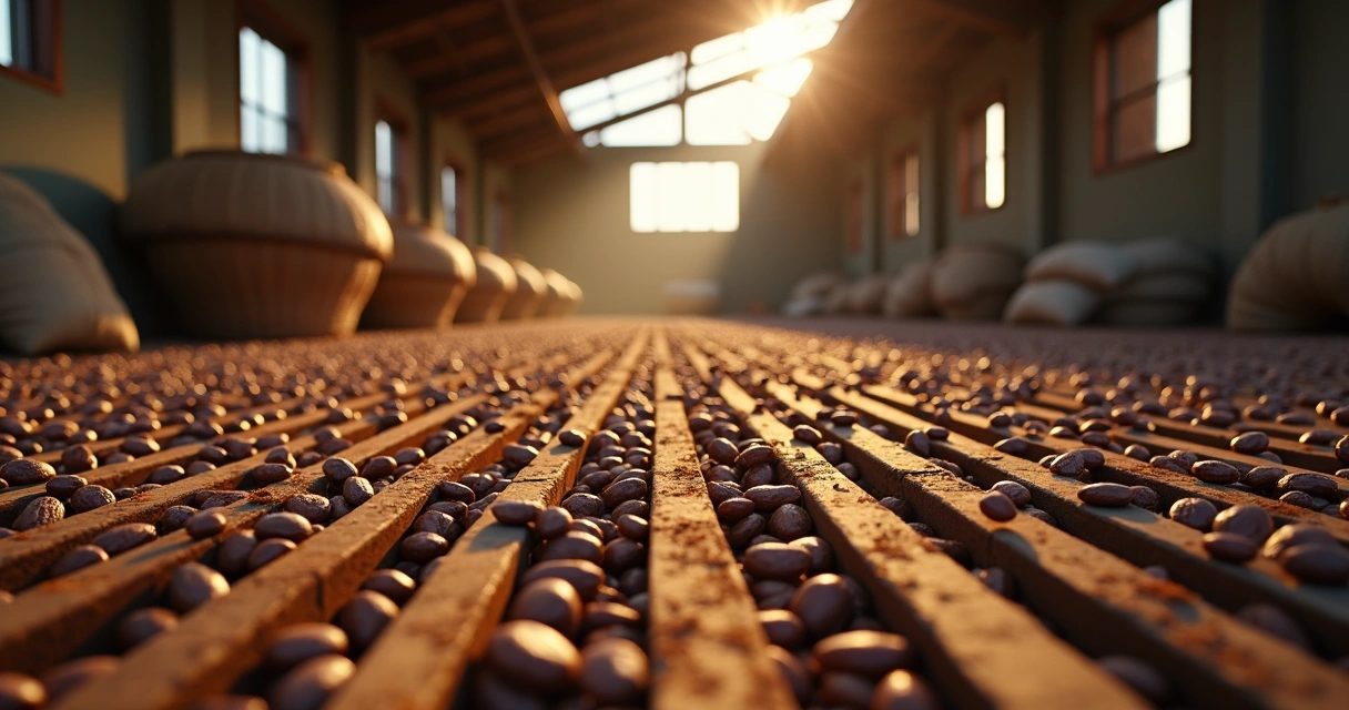 Grãos de cacau secos espalhados em armazém rústico com iluminação natural 